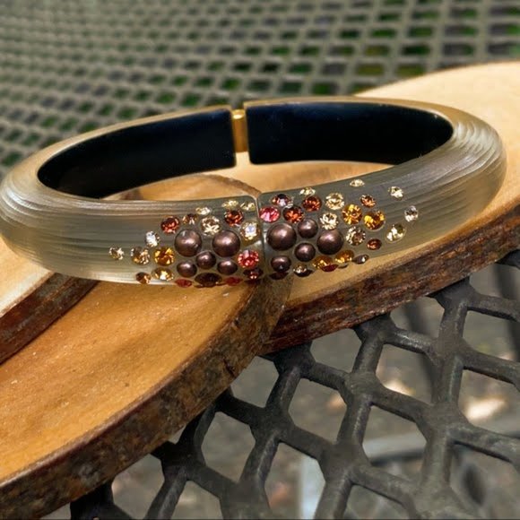 Alexis Bittar bangle bracelet Swarovski Crystal Pearl Oval hinged Lucite - Picture 2 of 7